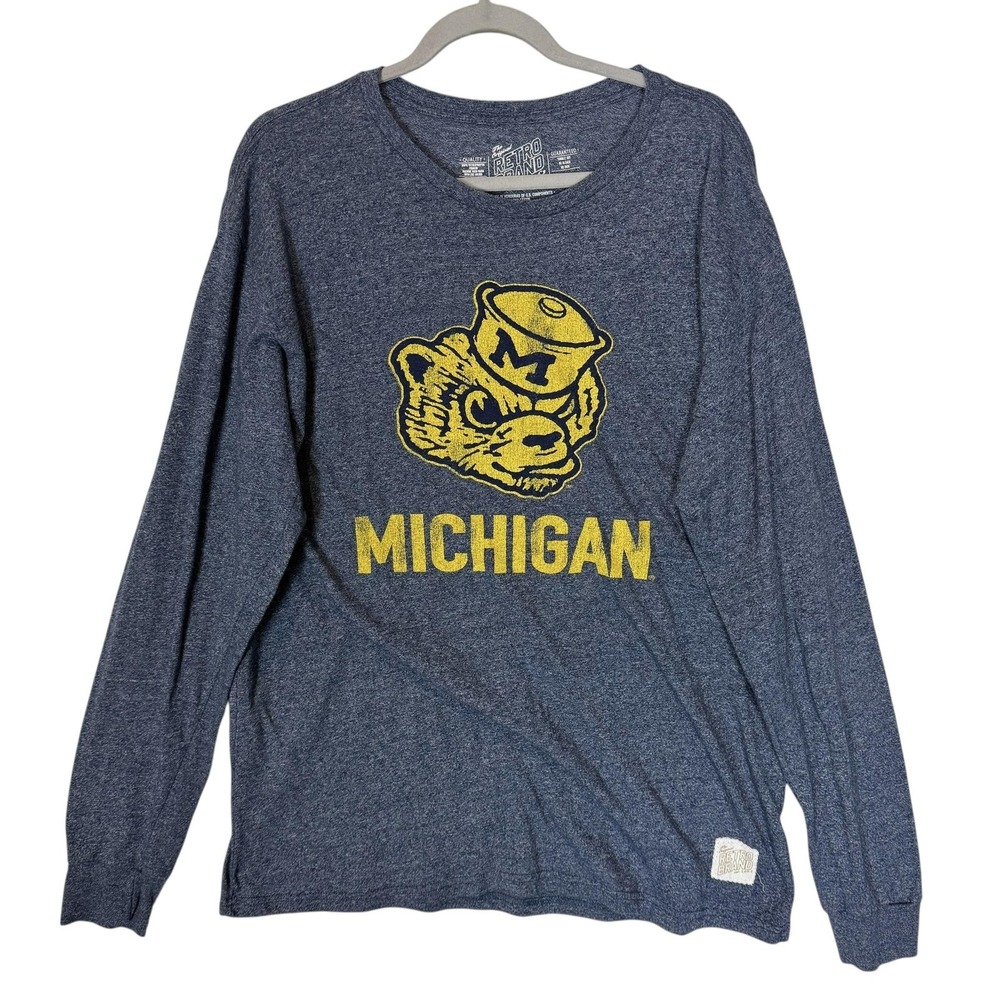 Michigan Wolverines Shirt Mens Large Blue NCAA‎ Football Retro Brand Long Sleeve